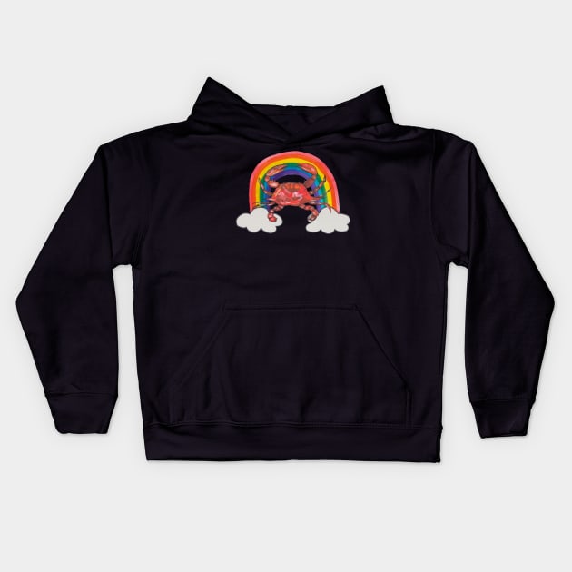 Red crab with rainbow Kids Hoodie by deadblackpony